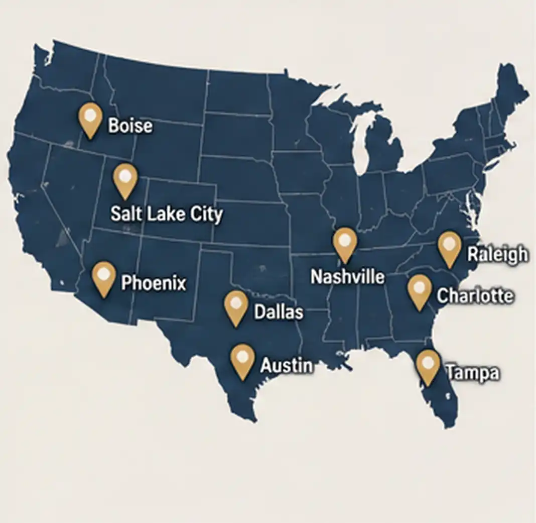 United States map showing real estate opportunity markets in Boise, Salt Lake City, Phoenix, Dallas, Austin, Nashville, Charlotte, Raleigh, and Tampa