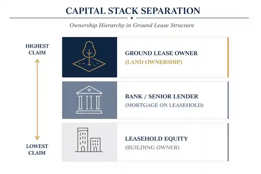 Capital stack separation diagram showing ground lease owner, bank or senior lender, and leasehold equity ordered by ownership claim.