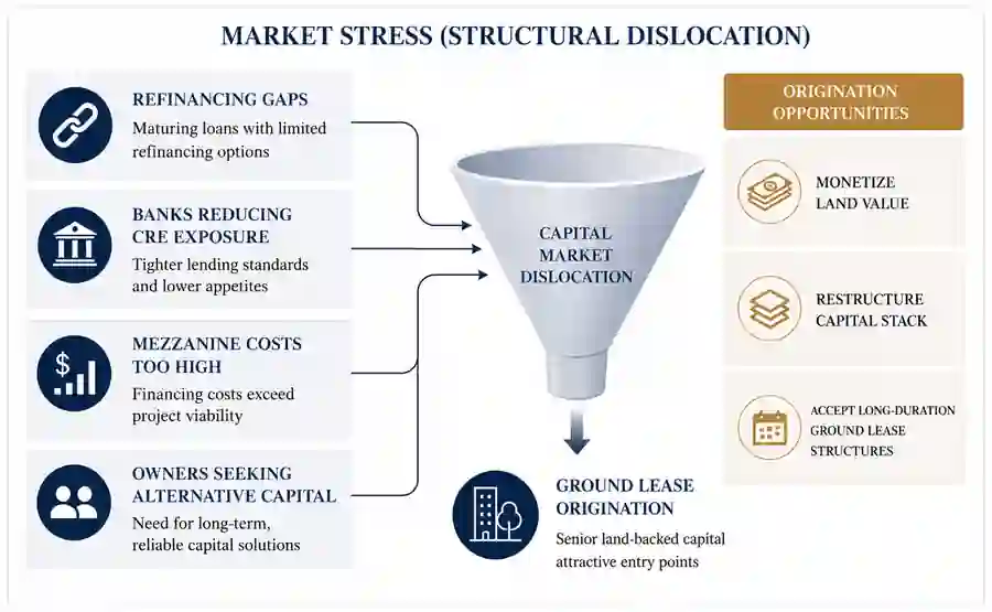 Market stress diagram showing refinancing gaps, bank pullback, mezzanine costs, and owner capital needs funneling into ground lease origination opportunities.