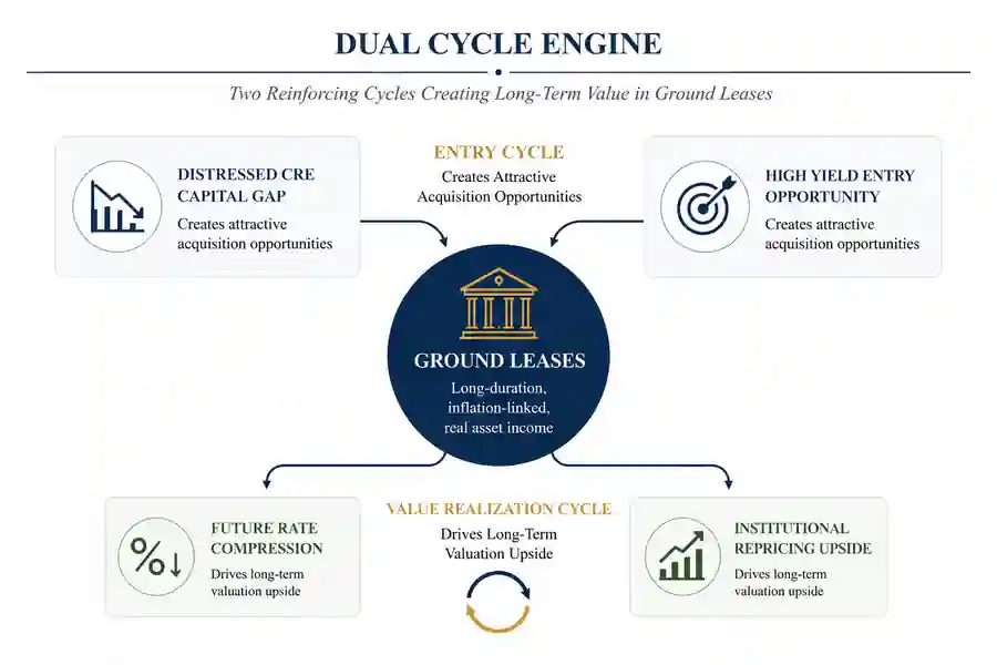 Dual cycle engine diagram showing distressed CRE capital gaps and high-yield entry opportunities feeding ground leases, with future rate compression and institutional repricing upside driving value realization.