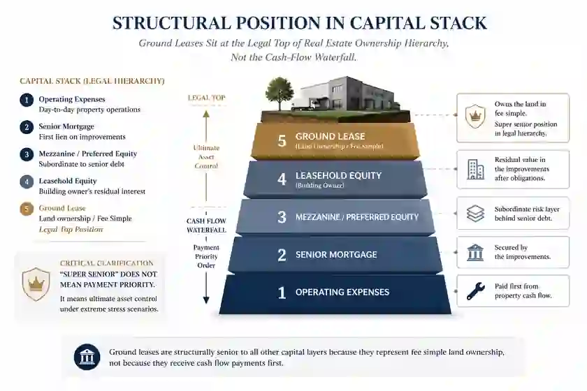 Capital stack diagram distinguishing legal hierarchy from cash-flow waterfall and showing ground lease ownership at the legal top of the real estate ownership hierarchy.