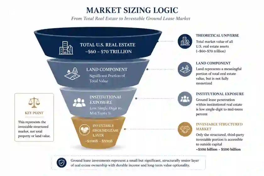 Market sizing diagram showing total U.S. real estate, land component, institutional exposure, and the investable structured ground lease layer.