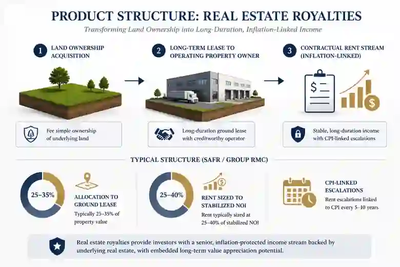 Product structure diagram showing land ownership acquisition, long-term lease to operating property owner, contractual rent stream, and typical SAFR / Group RMC structural parameters.
