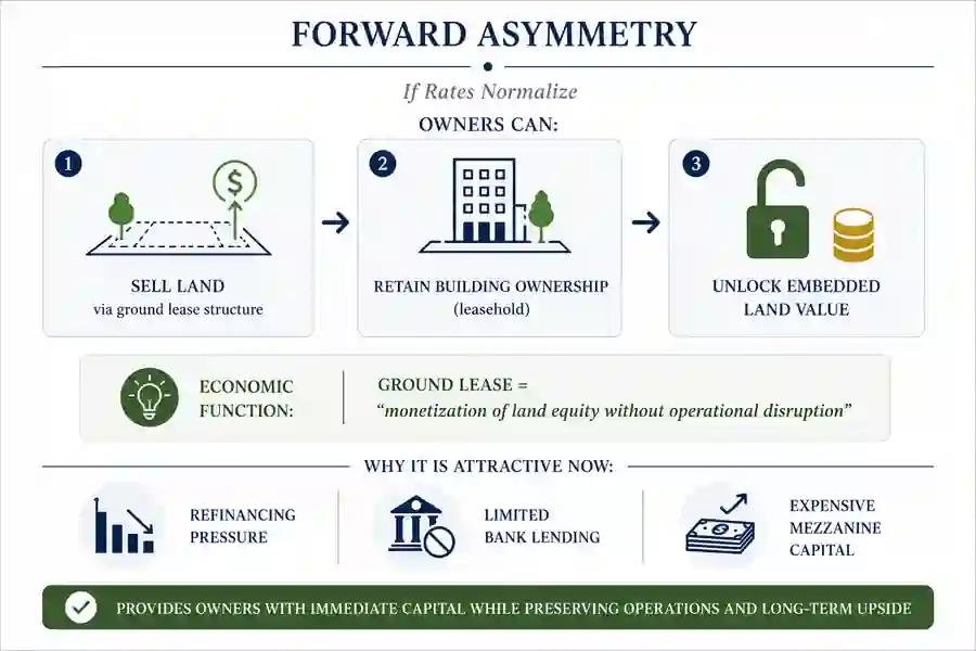 Forward asymmetry diagram showing refinancing improves, cap rates compress, and institutional demand increases if rates normalize.