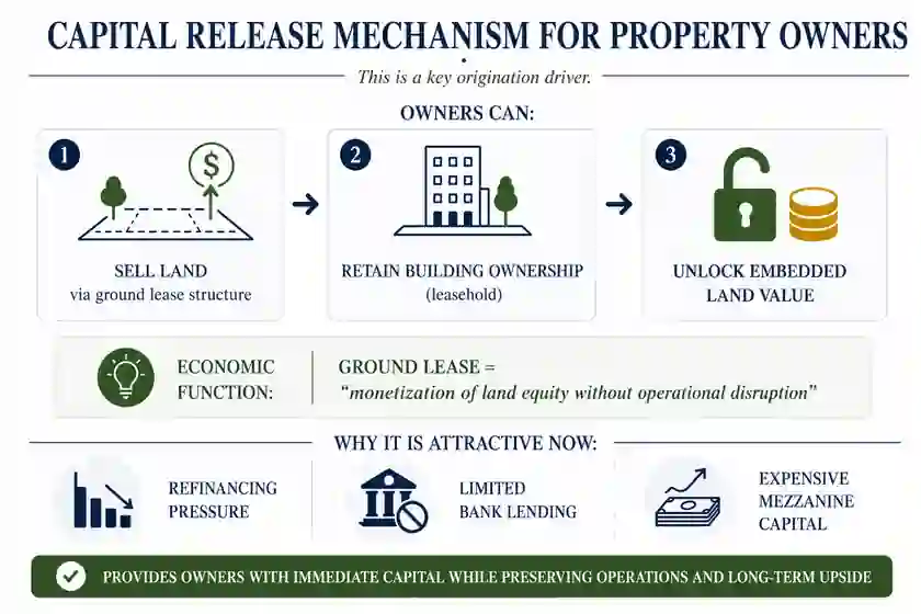 Capital release mechanism diagram showing owners selling land, retaining building ownership, and unlocking embedded land value.