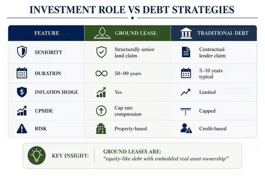Investment role comparison diagram contrasting ground leases and traditional debt by seniority, duration, inflation hedge, upside, and risk.