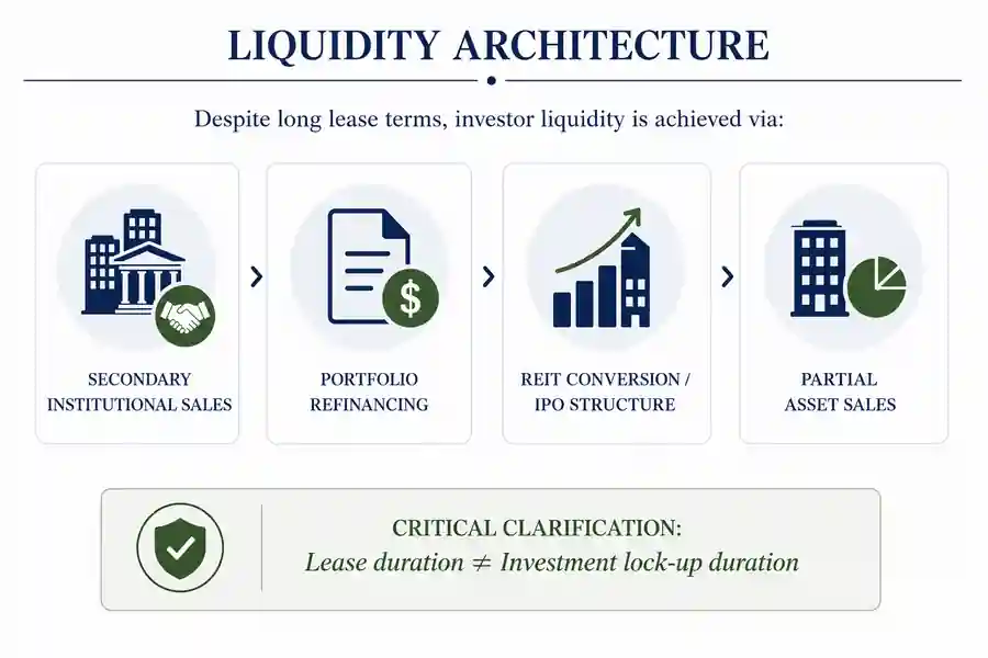 Liquidity architecture diagram showing secondary institutional sales, portfolio refinancing, REIT conversion or IPO structure, and partial asset sales.