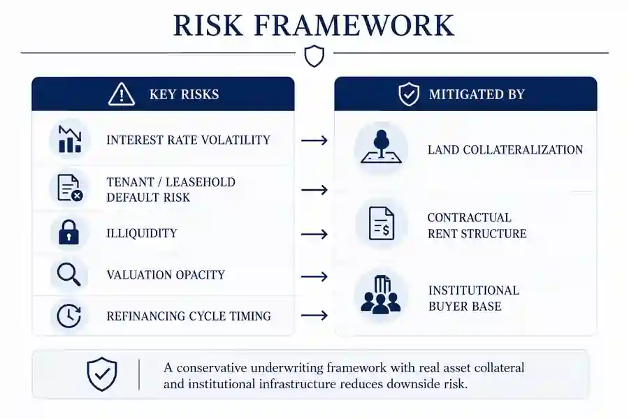 Risk framework diagram matching key risks to mitigation mechanisms including land collateralization, contractual rent structure, and institutional buyer base.
