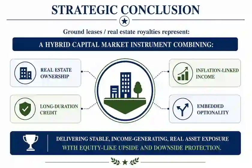 Strategic conclusion diagram showing real estate ownership, long-duration credit, inflation-linked income, and embedded optionality combining into real estate royalties or ground leases.
