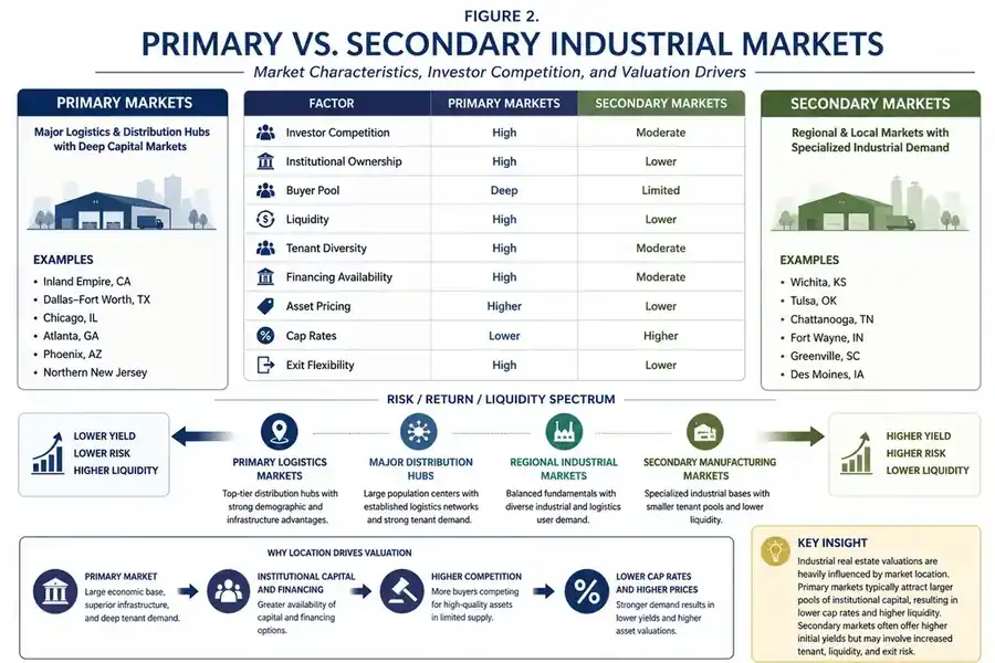 Primary versus secondary industrial markets comparison showing differences in investor competition, liquidity, asset pricing, cap rates, and exit flexibility.