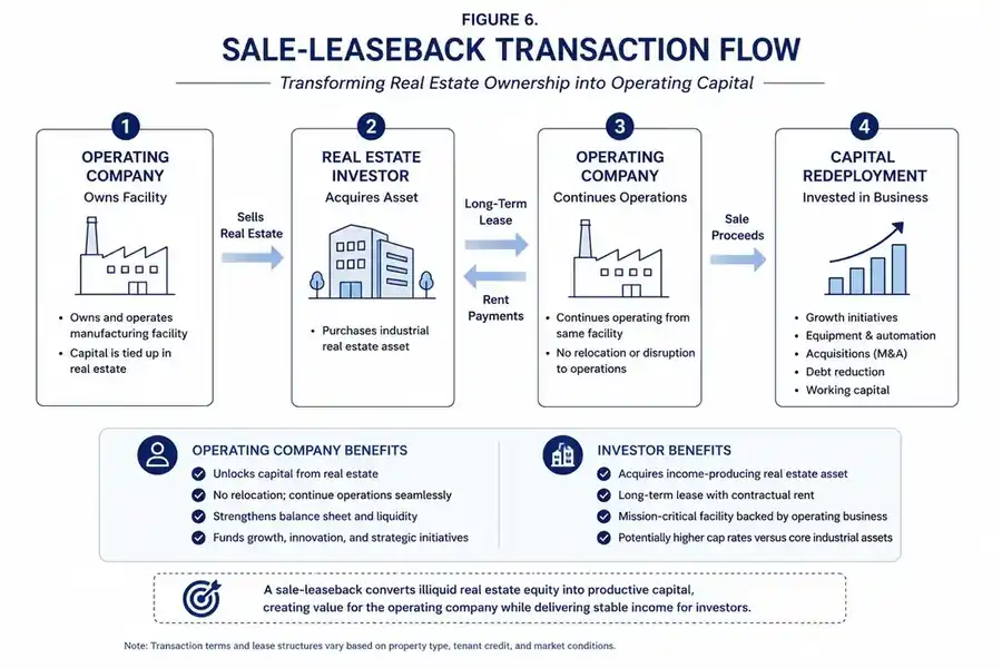 Sale-leaseback transaction flow showing an operating company selling real estate to an investor, signing a long-term lease, and redeploying capital into business initiatives.