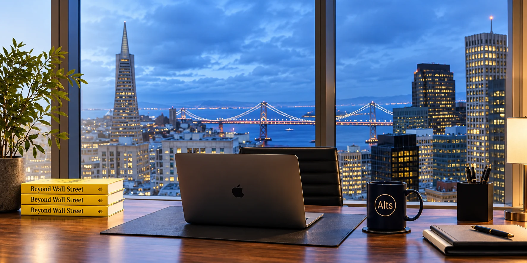 Office desk with computer and Beyond Wall Street books overlooking San Francisco at twilight